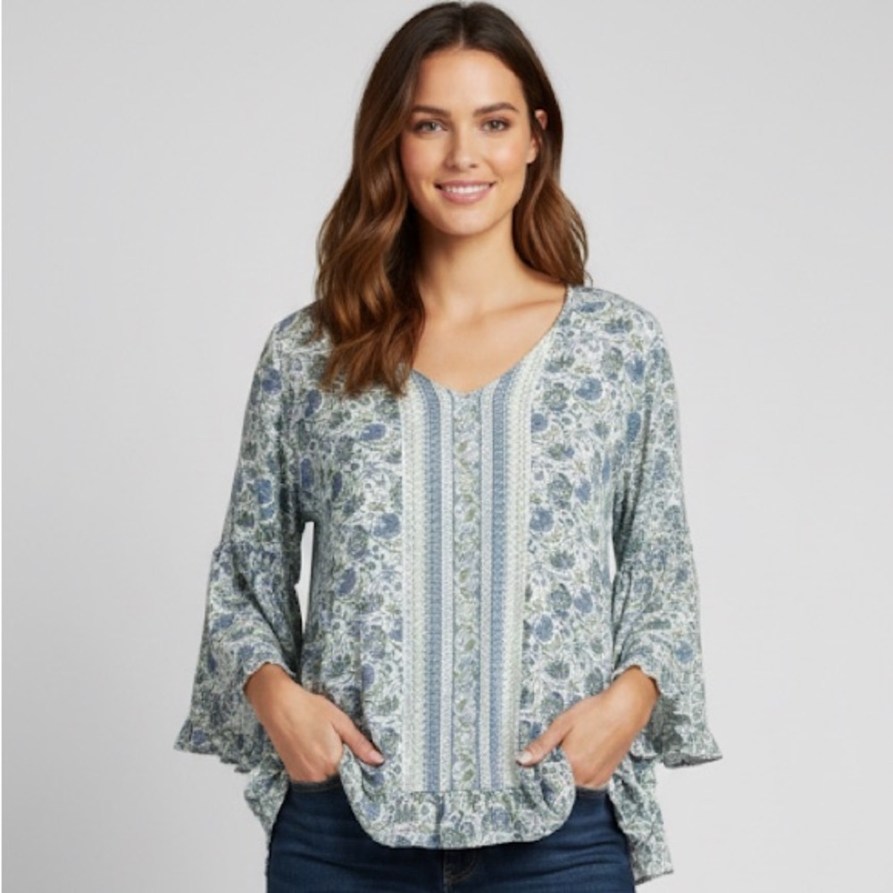 Cynthia Rowley Floral Blouse Blue Ruffle Hem Womens Plus Size 2X